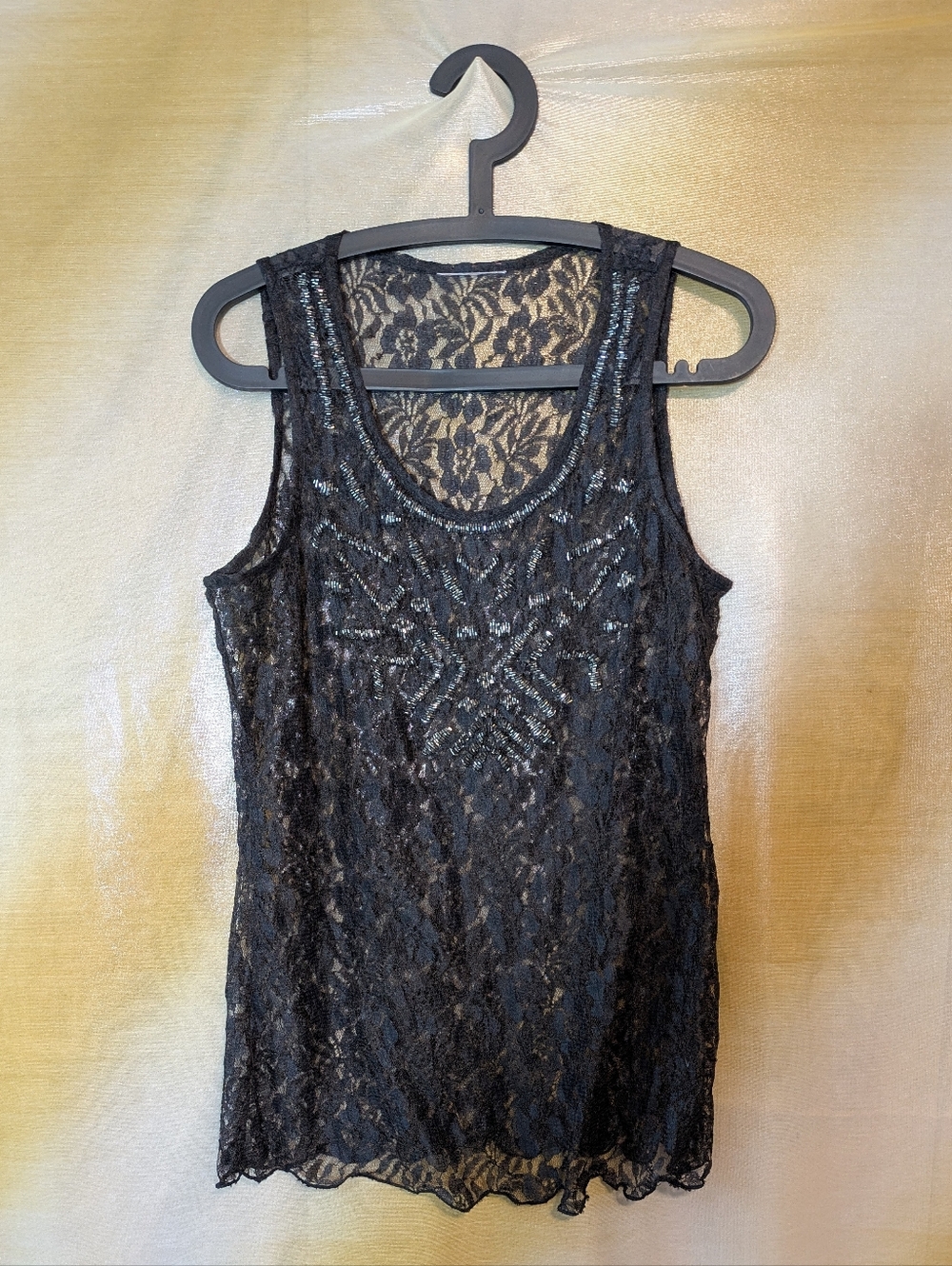 Black Lace Tank Top with Intricate Beaded Design